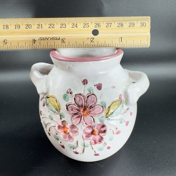 Vintage Italian Art Pottery Round Vase Vessel Carved Hand Painted Vase W Handles - Picture 4 of 12